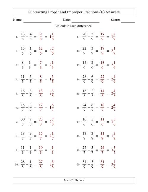 The Subtracting Proper and Improper Fractions with Equal Denominators, Mixed Fractions Results and No Simplifying (Fillable) (E) Math Worksheet Page 2
