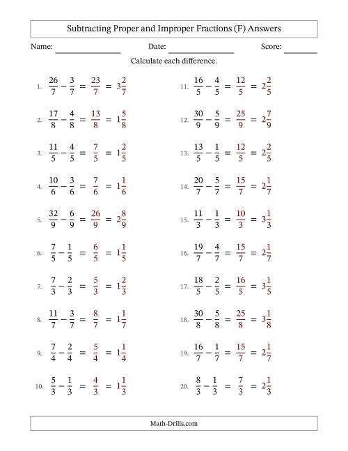 The Subtracting Proper and Improper Fractions with Equal Denominators, Mixed Fractions Results and No Simplifying (Fillable) (F) Math Worksheet Page 2