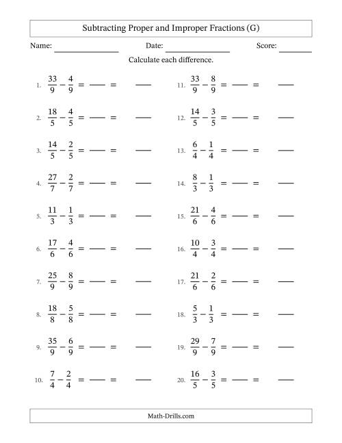 The Subtracting Proper and Improper Fractions with Equal Denominators, Mixed Fractions Results and No Simplifying (Fillable) (G) Math Worksheet