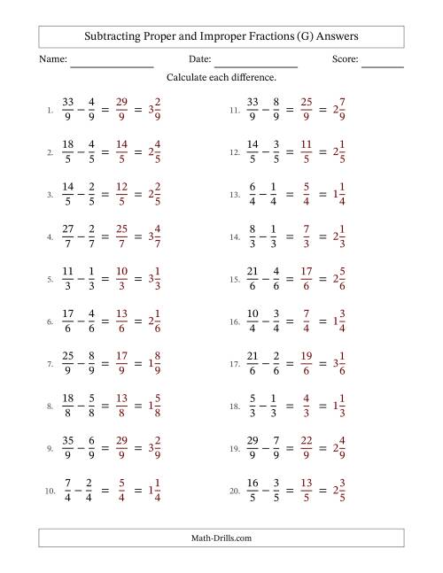 The Subtracting Proper and Improper Fractions with Equal Denominators, Mixed Fractions Results and No Simplifying (Fillable) (G) Math Worksheet Page 2
