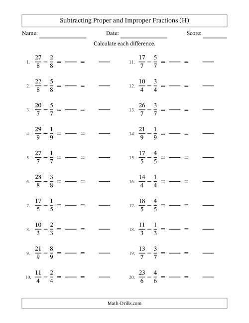 The Subtracting Proper and Improper Fractions with Equal Denominators, Mixed Fractions Results and No Simplifying (Fillable) (H) Math Worksheet