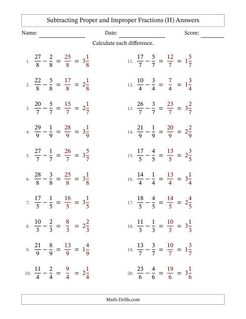The Subtracting Proper and Improper Fractions with Equal Denominators, Mixed Fractions Results and No Simplifying (Fillable) (H) Math Worksheet Page 2