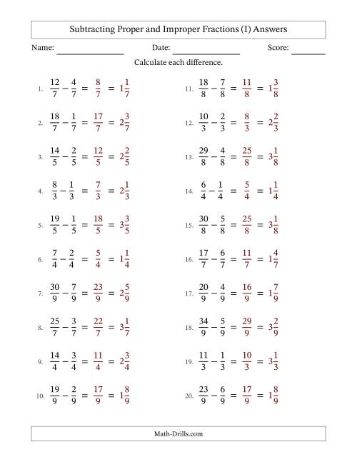 The Subtracting Proper and Improper Fractions with Equal Denominators, Mixed Fractions Results and No Simplifying (Fillable) (I) Math Worksheet Page 2