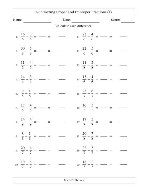 The Subtracting Proper and Improper Fractions with Equal Denominators, Mixed Fractions Results and No Simplifying (Fillable) (J) Math Worksheet