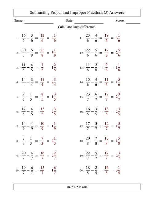 The Subtracting Proper and Improper Fractions with Equal Denominators, Mixed Fractions Results and No Simplifying (Fillable) (J) Math Worksheet Page 2