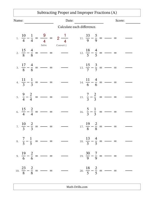 The Subtracting Proper and Improper Fractions with Equal Denominators, Mixed Fractions Results and No Simplifying (Fillable) (All) Math Worksheet