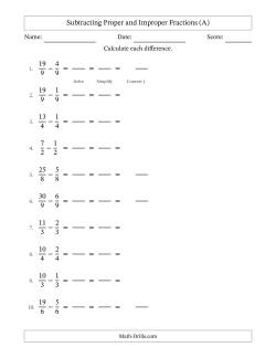 Subtracting Proper and Improper Fractions with Equal Denominators, Mixed Fractions Results and All Simplifying (Fillable)