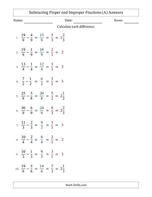 The Subtracting Proper and Improper Fractions with Equal Denominators, Mixed Fractions Results and All Simplifying (Fillable) (A) Math Worksheet Page 2