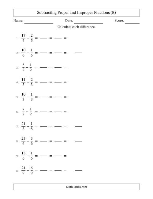 The Subtracting Proper and Improper Fractions with Equal Denominators, Mixed Fractions Results and All Simplifying (Fillable) (B) Math Worksheet