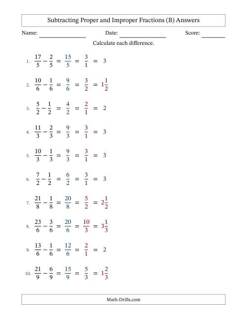 The Subtracting Proper and Improper Fractions with Equal Denominators, Mixed Fractions Results and All Simplifying (Fillable) (B) Math Worksheet Page 2