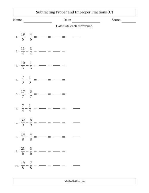 The Subtracting Proper and Improper Fractions with Equal Denominators, Mixed Fractions Results and All Simplifying (Fillable) (C) Math Worksheet