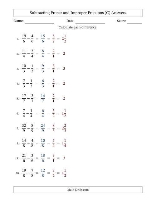 The Subtracting Proper and Improper Fractions with Equal Denominators, Mixed Fractions Results and All Simplifying (Fillable) (C) Math Worksheet Page 2