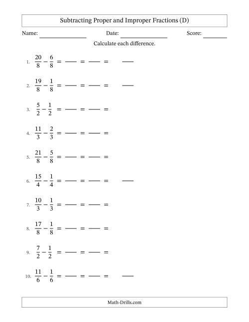 The Subtracting Proper and Improper Fractions with Equal Denominators, Mixed Fractions Results and All Simplifying (Fillable) (D) Math Worksheet