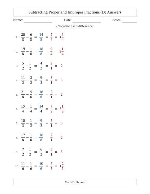 The Subtracting Proper and Improper Fractions with Equal Denominators, Mixed Fractions Results and All Simplifying (Fillable) (D) Math Worksheet Page 2