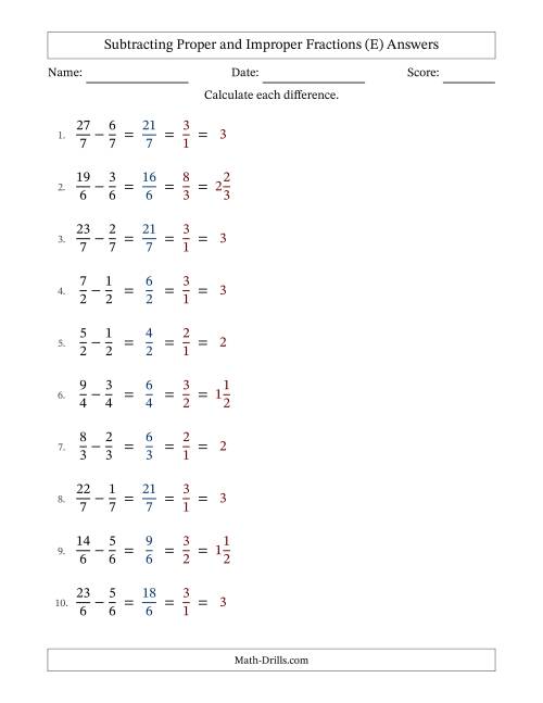 The Subtracting Proper and Improper Fractions with Equal Denominators, Mixed Fractions Results and All Simplifying (Fillable) (E) Math Worksheet Page 2