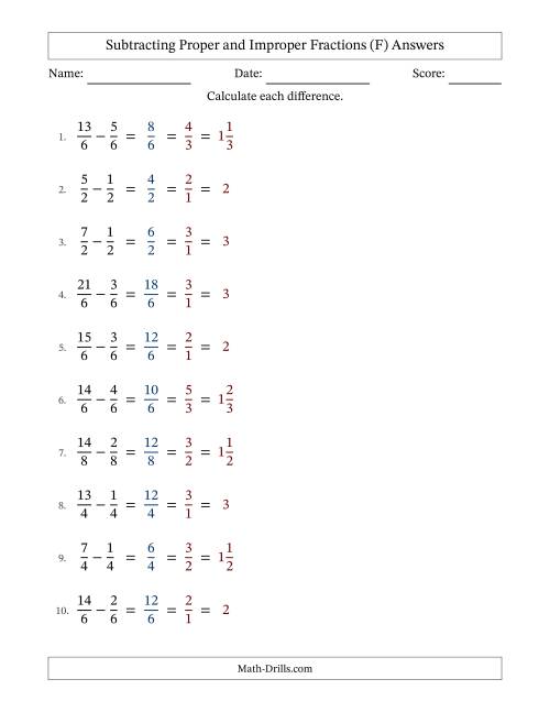 The Subtracting Proper and Improper Fractions with Equal Denominators, Mixed Fractions Results and All Simplifying (Fillable) (F) Math Worksheet Page 2