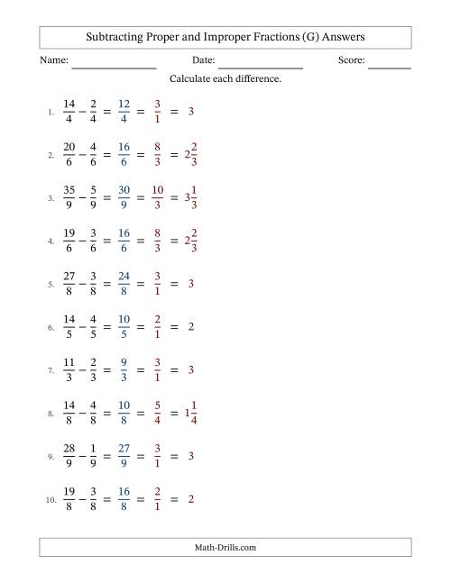 The Subtracting Proper and Improper Fractions with Equal Denominators, Mixed Fractions Results and All Simplifying (Fillable) (G) Math Worksheet Page 2