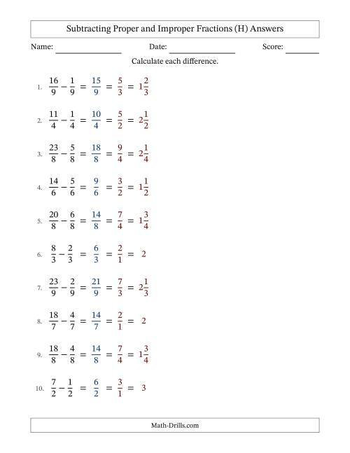 The Subtracting Proper and Improper Fractions with Equal Denominators, Mixed Fractions Results and All Simplifying (Fillable) (H) Math Worksheet Page 2