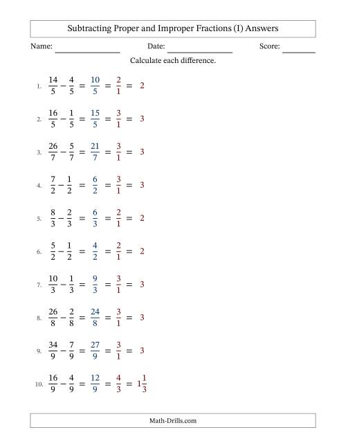 The Subtracting Proper and Improper Fractions with Equal Denominators, Mixed Fractions Results and All Simplifying (Fillable) (I) Math Worksheet Page 2