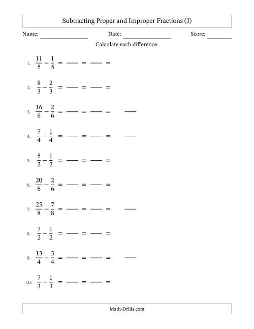 The Subtracting Proper and Improper Fractions with Equal Denominators, Mixed Fractions Results and All Simplifying (Fillable) (J) Math Worksheet