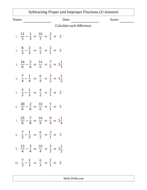 The Subtracting Proper and Improper Fractions with Equal Denominators, Mixed Fractions Results and All Simplifying (Fillable) (J) Math Worksheet Page 2