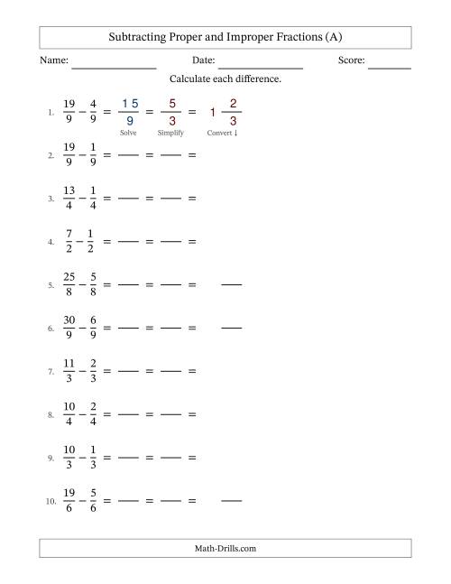 The Subtracting Proper and Improper Fractions with Equal Denominators, Mixed Fractions Results and All Simplifying (Fillable) (All) Math Worksheet