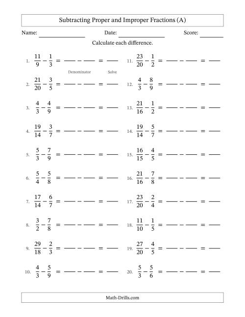 The Subtracting Proper and Improper Fractions with Similar Denominators, Proper Fractions Results and No Simplifying (Fillable) (A) Math Worksheet