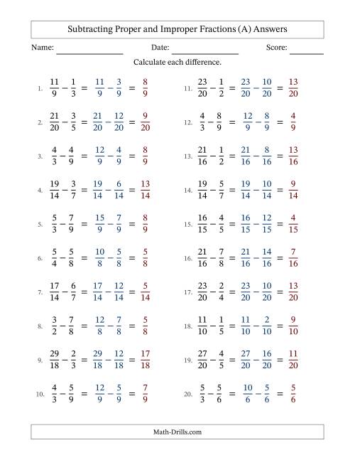 The Subtracting Proper and Improper Fractions with Similar Denominators, Proper Fractions Results and No Simplifying (Fillable) (A) Math Worksheet Page 2