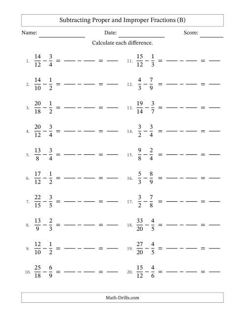 The Subtracting Proper and Improper Fractions with Similar Denominators, Proper Fractions Results and No Simplifying (Fillable) (B) Math Worksheet