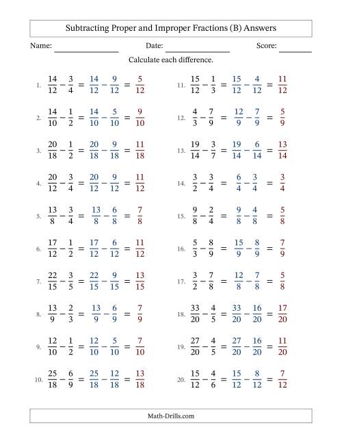 The Subtracting Proper and Improper Fractions with Similar Denominators, Proper Fractions Results and No Simplifying (Fillable) (B) Math Worksheet Page 2