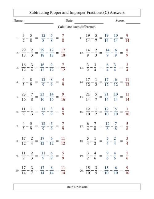 The Subtracting Proper and Improper Fractions with Similar Denominators, Proper Fractions Results and No Simplifying (Fillable) (C) Math Worksheet Page 2