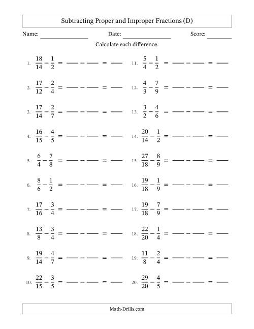 The Subtracting Proper and Improper Fractions with Similar Denominators, Proper Fractions Results and No Simplifying (Fillable) (D) Math Worksheet