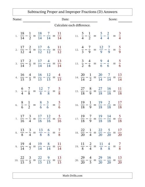 The Subtracting Proper and Improper Fractions with Similar Denominators, Proper Fractions Results and No Simplifying (Fillable) (D) Math Worksheet Page 2