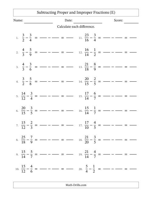 The Subtracting Proper and Improper Fractions with Similar Denominators, Proper Fractions Results and No Simplifying (Fillable) (E) Math Worksheet