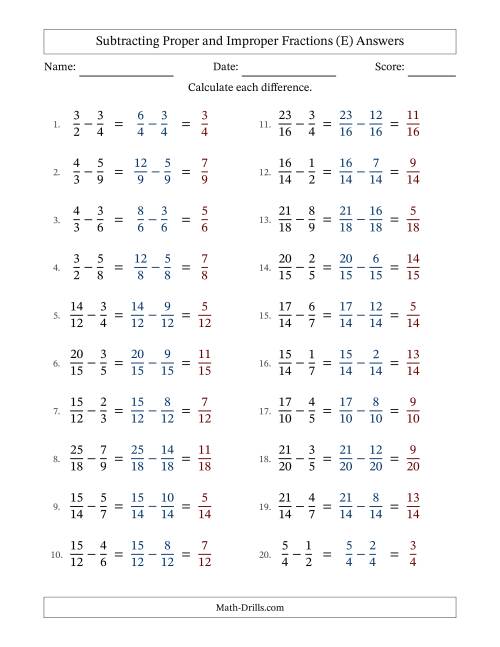 The Subtracting Proper and Improper Fractions with Similar Denominators, Proper Fractions Results and No Simplifying (Fillable) (E) Math Worksheet Page 2