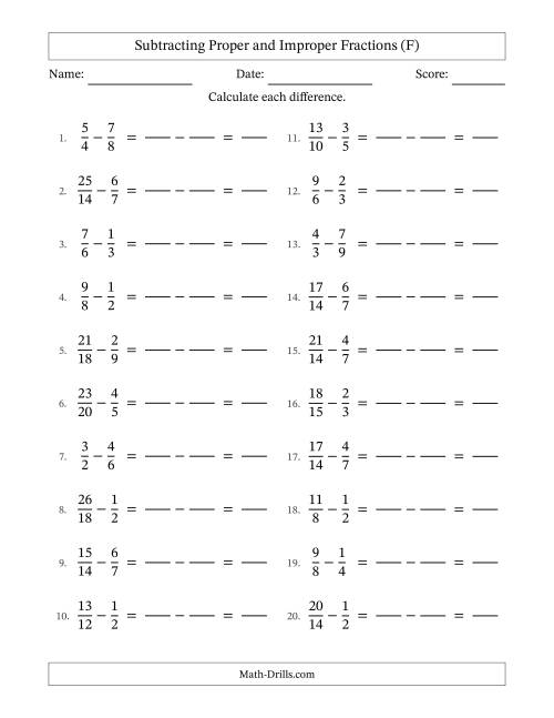 The Subtracting Proper and Improper Fractions with Similar Denominators, Proper Fractions Results and No Simplifying (Fillable) (F) Math Worksheet