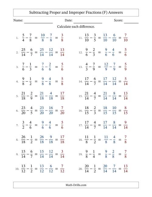 The Subtracting Proper and Improper Fractions with Similar Denominators, Proper Fractions Results and No Simplifying (Fillable) (F) Math Worksheet Page 2