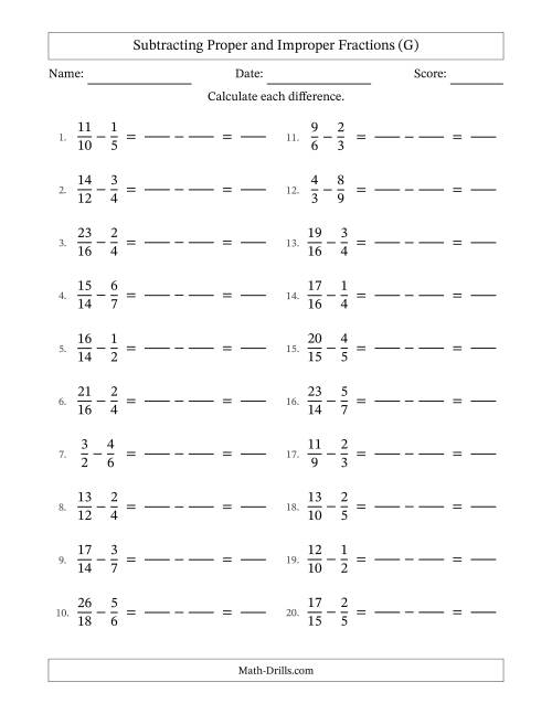 The Subtracting Proper and Improper Fractions with Similar Denominators, Proper Fractions Results and No Simplifying (Fillable) (G) Math Worksheet