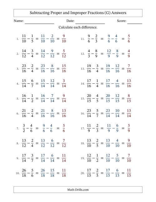 The Subtracting Proper and Improper Fractions with Similar Denominators, Proper Fractions Results and No Simplifying (Fillable) (G) Math Worksheet Page 2