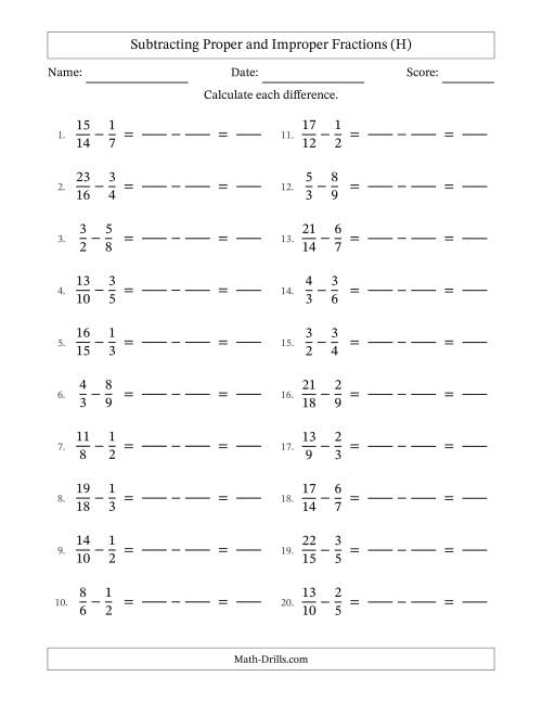 The Subtracting Proper and Improper Fractions with Similar Denominators, Proper Fractions Results and No Simplifying (Fillable) (H) Math Worksheet