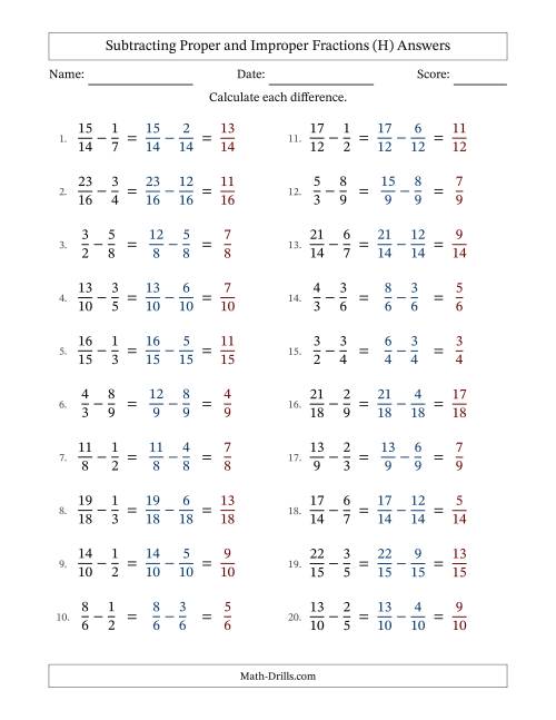 The Subtracting Proper and Improper Fractions with Similar Denominators, Proper Fractions Results and No Simplifying (Fillable) (H) Math Worksheet Page 2