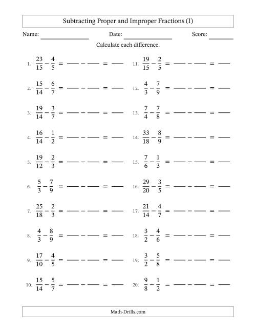 The Subtracting Proper and Improper Fractions with Similar Denominators, Proper Fractions Results and No Simplifying (Fillable) (I) Math Worksheet