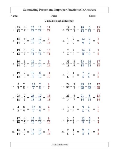 The Subtracting Proper and Improper Fractions with Similar Denominators, Proper Fractions Results and No Simplifying (Fillable) (I) Math Worksheet Page 2