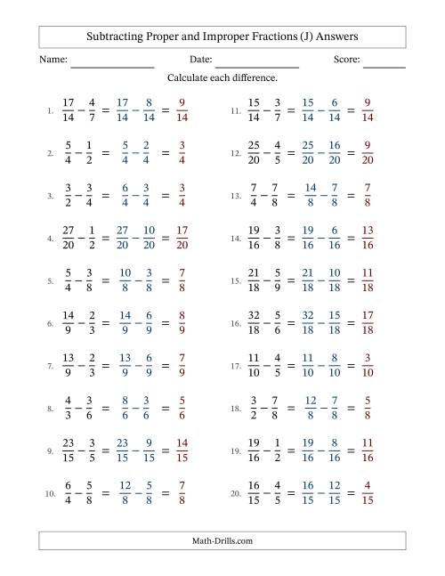 The Subtracting Proper and Improper Fractions with Similar Denominators, Proper Fractions Results and No Simplifying (Fillable) (J) Math Worksheet Page 2