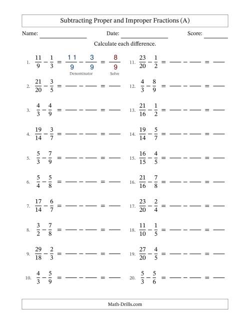 The Subtracting Proper and Improper Fractions with Similar Denominators, Proper Fractions Results and No Simplifying (Fillable) (All) Math Worksheet