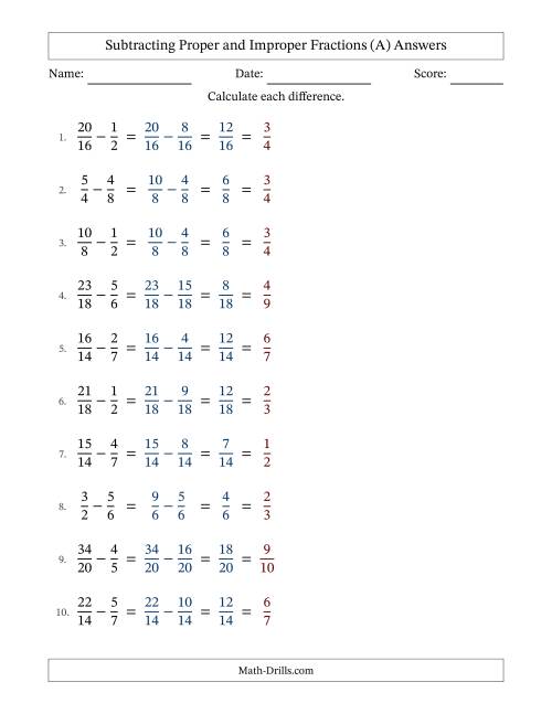 The Subtracting Proper and Improper Fractions with Similar Denominators, Proper Fractions Results and All Simplifying (Fillable) (A) Math Worksheet Page 2