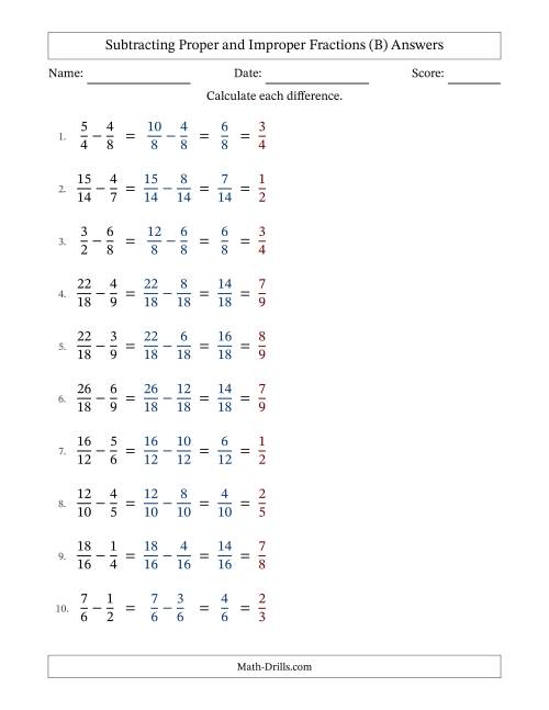 The Subtracting Proper and Improper Fractions with Similar Denominators, Proper Fractions Results and All Simplifying (Fillable) (B) Math Worksheet Page 2