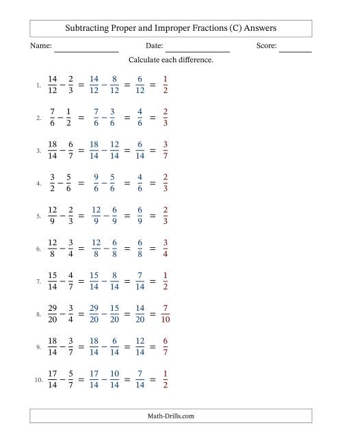 The Subtracting Proper and Improper Fractions with Similar Denominators, Proper Fractions Results and All Simplifying (Fillable) (C) Math Worksheet Page 2