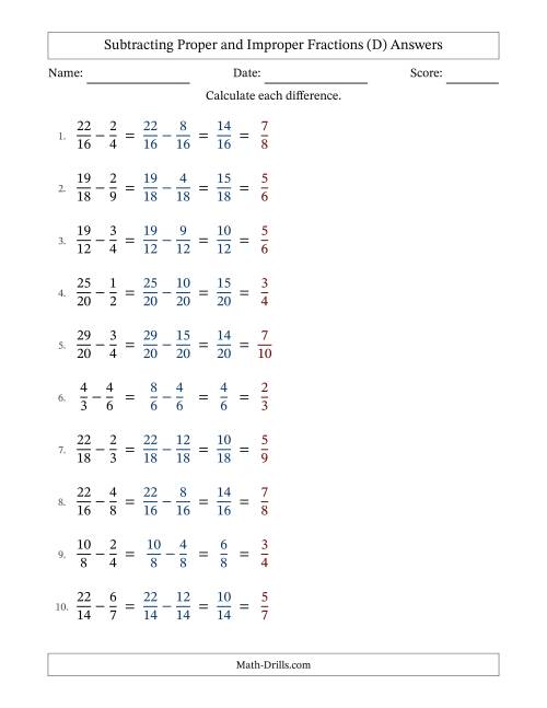 The Subtracting Proper and Improper Fractions with Similar Denominators, Proper Fractions Results and All Simplifying (Fillable) (D) Math Worksheet Page 2