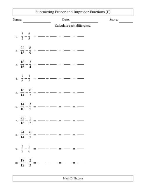 The Subtracting Proper and Improper Fractions with Similar Denominators, Proper Fractions Results and All Simplifying (Fillable) (F) Math Worksheet